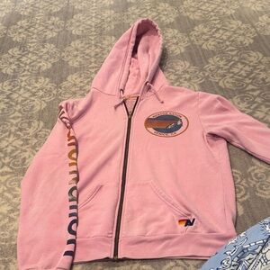 Aviator Nation Pink Zip-Up Hoodie with Multicolor Sleeve Logo